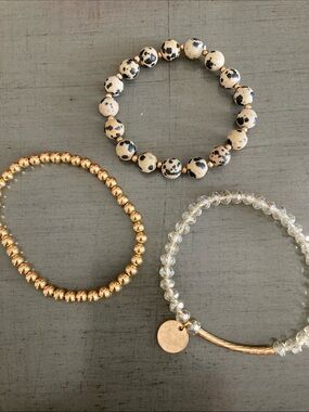Neutral Dalmatian Jasper and Gold Bead Bracelet Set - Women Jewelry